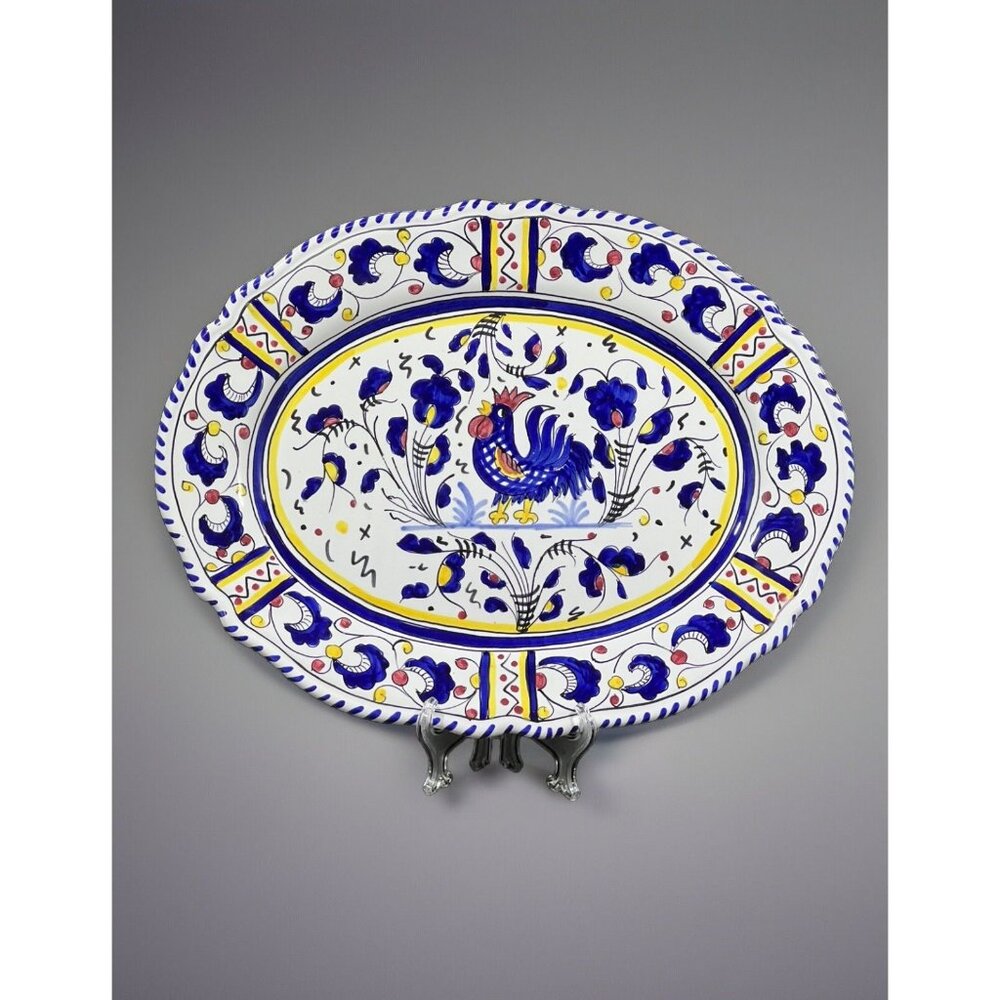 2010 Assunta Positano Italy Blue Rooster Hand Painted Majolica Serving Plate